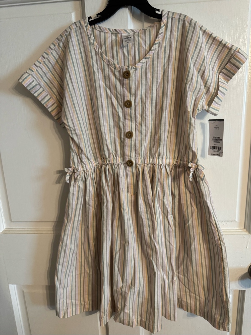 Girls' Striped Button-Front Cotton Dress with Drawstring Waist